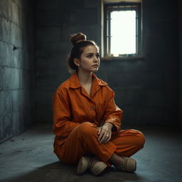 A young Russian brunette woman with her hair styled in a bun, wearing an orange jumpsuit with the collar unbuttoned and slip-on shoes, is sitting on the cold concrete floor of a jail cell