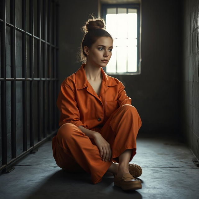 A young Russian brunette woman with her hair styled in a bun, wearing an orange jumpsuit with the collar unbuttoned and slip-on shoes, is sitting on the cold concrete floor of a jail cell