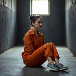 A young Russian brunette woman with her hair styled in a bun, wearing an orange jumpsuit with the collar unbuttoned and slip-on shoes, is sitting on the cold concrete floor of a jail cell