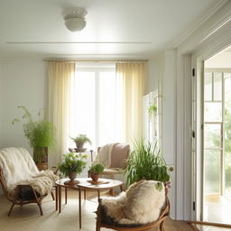 A cozy and beautifully decorated home interior with natural light streaming in, vibrant houseplants for a touch of green, and comfortable, stylish furniture.