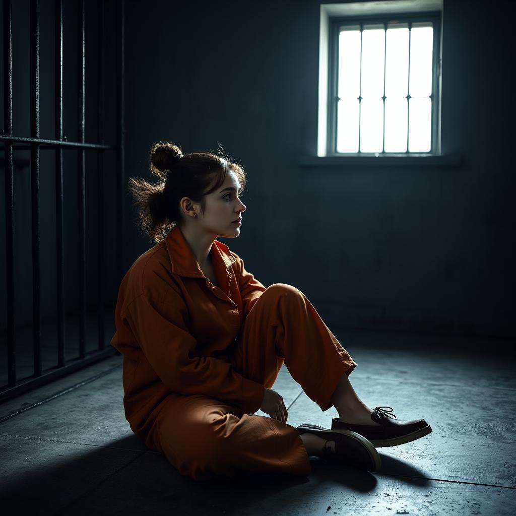 A young Russian brunette woman with her hair styled in a bun, wearing an orange jumpsuit with the collar unbuttoned and slip-on shoes, is sitting on the cold, concrete floor of a jail cell