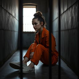 A young Russian brunette woman with her hair styled in a bun, wearing an orange jumpsuit with the collar unbuttoned and slip-on shoes, is sitting on the cold, concrete floor of a jail cell