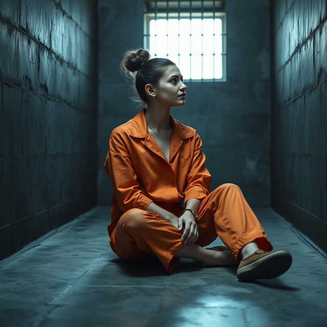 A young Russian brunette woman with her hair styled in a bun, wearing an orange jumpsuit with the collar unbuttoned and slip-on shoes, is sitting on the cold, concrete floor of a jail cell