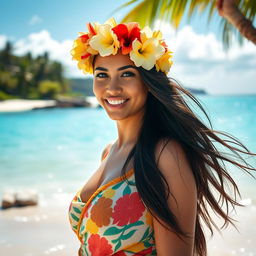 A beautiful Tahitian woman standing on a stunning beach, wearing a traditional flower crown and a colorful pareo