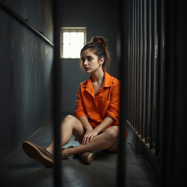 A young Russian brunette woman with her hair styled in a bun is wearing orange jumpsuit shorts with the collar unbuttoned and slip-on shoes