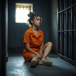A young Russian brunette woman with her hair styled in a bun is wearing orange jumpsuit shorts with the collar unbuttoned and slip-on shoes