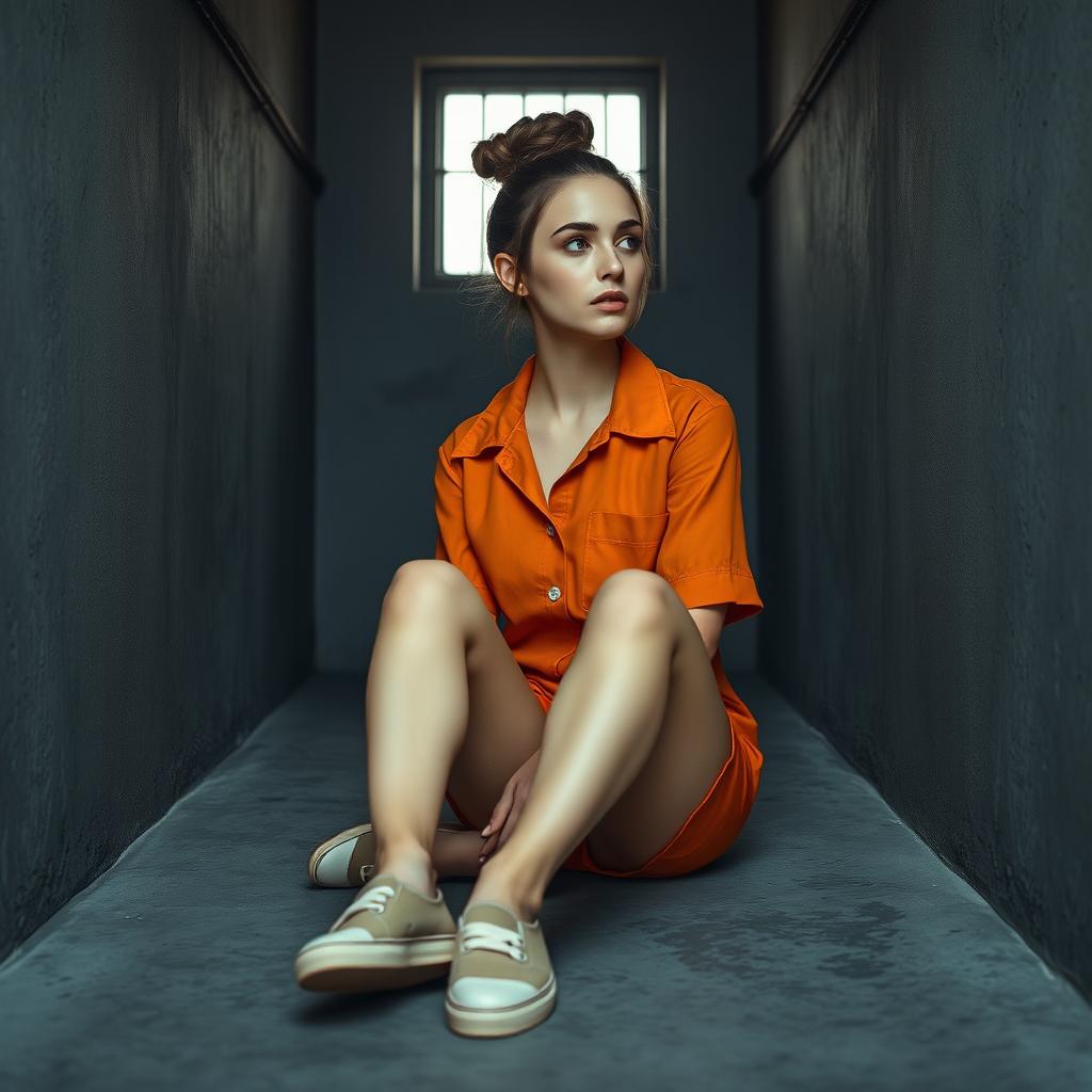 A young Russian brunette woman with her hair styled in a bun is dressed in orange jumpsuit shorts with the collar unbuttoned and slip-on shoes