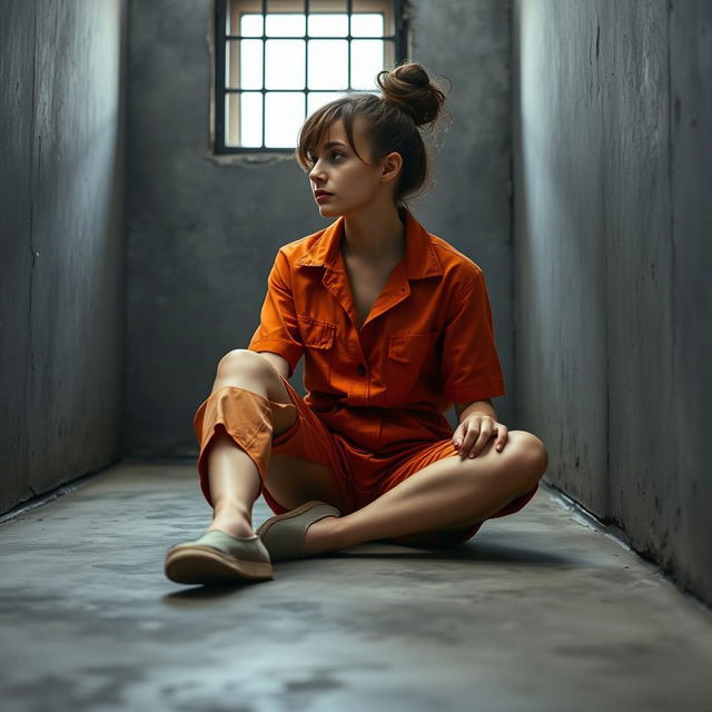 A young Russian brunette woman with her hair styled in a bun is dressed in orange jumpsuit shorts with the collar unbuttoned and slip-on shoes