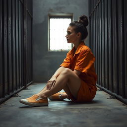 A young Russian brunette woman with her hair styled in a bun is dressed in orange jumpsuit shorts with the collar unbuttoned and slip-on shoes