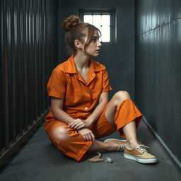 A young Russian brunette woman with her hair styled in a bun is dressed in orange jumpsuit shorts with the collar unbuttoned and slip-on shoes