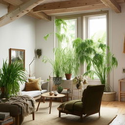 A cozy and beautifully decorated home interior with natural light streaming in, vibrant houseplants for a touch of green, and comfortable, stylish furniture.