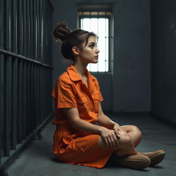 A young Russian brunette woman with her hair styled in a bun is dressed in orange jumpsuit shorts with the collar unbuttoned, wearing slip-on shoes