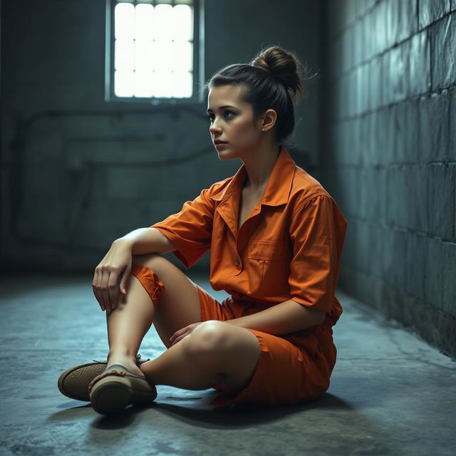 A young Russian brunette woman with her hair styled in a bun is dressed in orange jumpsuit shorts with the collar unbuttoned, wearing slip-on shoes