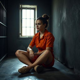 A young Russian brunette woman with her hair styled in a bun is wearing orange jumpsuit shorts with the collar unbuttoned and slip-on shoes