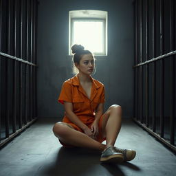 A young Russian brunette woman with her hair styled in a bun is wearing orange jumpsuit shorts with the collar unbuttoned and slip-on shoes