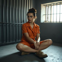 A young Russian brunette woman with her hair styled in a bun is wearing orange jumpsuit shorts with the collar unbuttoned and slip-on shoes