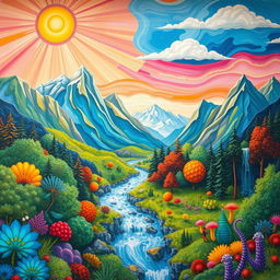 A detailed and vivid scene of a colorful, abstract mural depicting a fantastical landscape