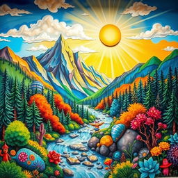 A detailed and vivid scene of a colorful, abstract mural depicting a fantastical landscape