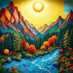 A detailed and vivid scene of a colorful, abstract mural depicting a fantastical landscape