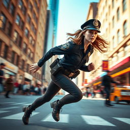 A dynamic scene capturing a policewoman in uniform, wearing a well-fitted cap, sprinting energetically with determination on her face