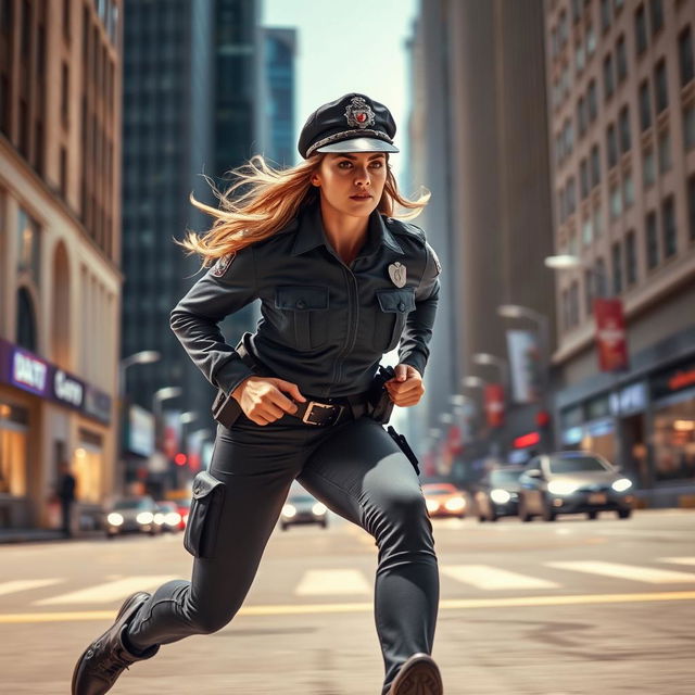 A dynamic scene capturing a policewoman in uniform, wearing a well-fitted cap, sprinting energetically with determination on her face