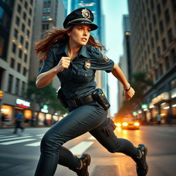 A dynamic scene capturing a policewoman in uniform, wearing a well-fitted cap, sprinting energetically with determination on her face