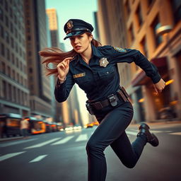 A dynamic scene capturing a policewoman in uniform, wearing a well-fitted cap, sprinting energetically with determination on her face