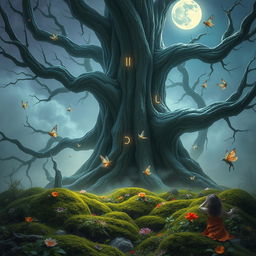 A fantasy scene featuring a colossal, ancient tree in the center, with branches stretched wide and its trunk gnarled and twisted