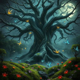 A fantasy scene featuring a colossal, ancient tree in the center, with branches stretched wide and its trunk gnarled and twisted