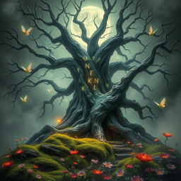 A fantasy scene featuring a colossal, ancient tree in the center, with branches stretched wide and its trunk gnarled and twisted