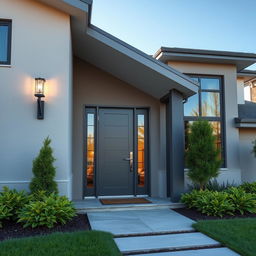 A beautiful modern home exterior featuring a captivating door now painted in a sleek gray color