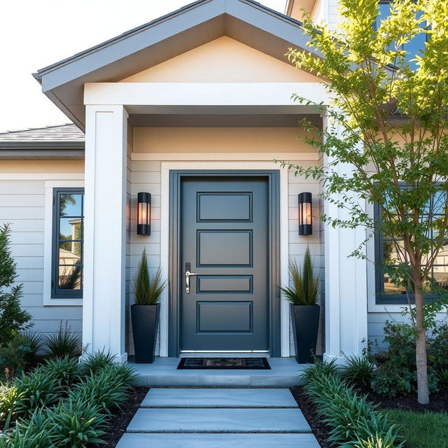 A beautiful modern home exterior featuring a captivating door now painted in a sleek gray color