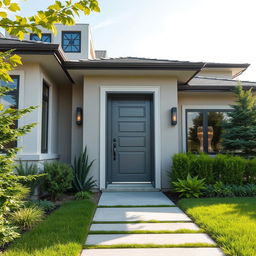 A beautiful modern home exterior featuring a captivating door now painted in a sleek gray color