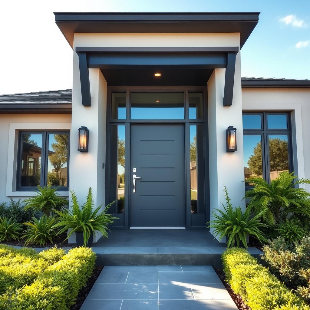 A beautiful modern home exterior featuring a captivating door now painted in a sleek gray color