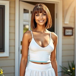 A beautiful 35-year-old woman standing by the front door of a quaint house, ready to go for a walk