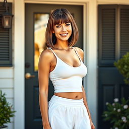 A beautiful 35-year-old woman standing by the front door of a quaint house, ready to go for a walk