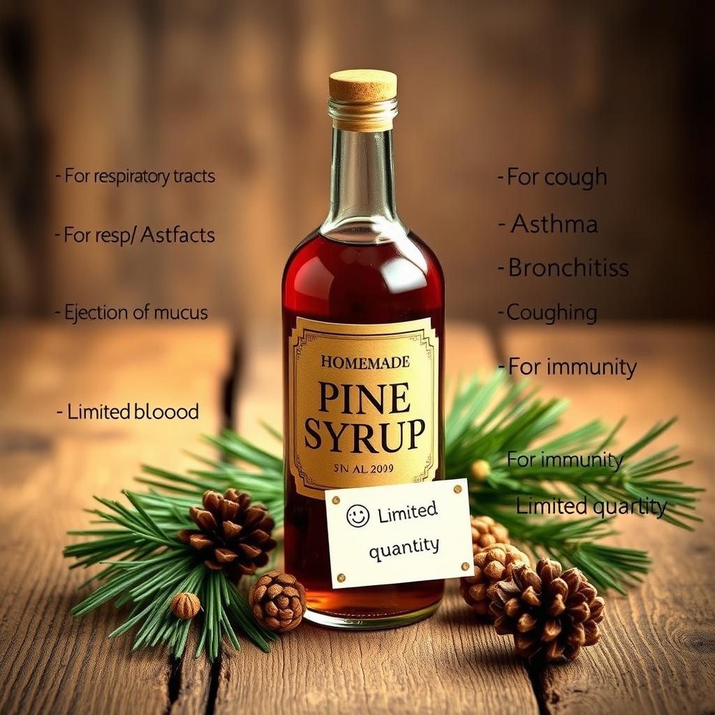 A beautifully crafted bottle of homemade Pine Syrup displayed prominently on a rustic wooden table