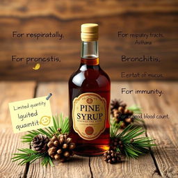 A beautifully crafted bottle of homemade Pine Syrup displayed prominently on a rustic wooden table