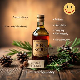 A beautifully crafted bottle of homemade Pine Syrup displayed prominently on a rustic wooden table