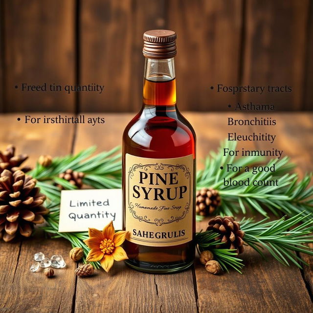 A beautifully crafted bottle of homemade Pine Syrup displayed prominently on a rustic wooden table