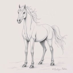 A pencil drawing of a horse with chicken legs, displaying a whimsical and surreal fusion of the two animals