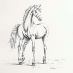 A pencil drawing of a horse with chicken legs, displaying a whimsical and surreal fusion of the two animals