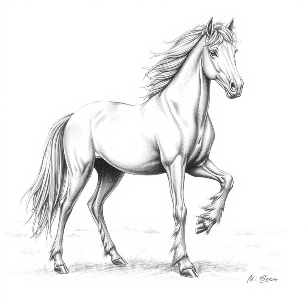 A pencil drawing of a horse with chicken legs, displaying a whimsical and surreal fusion of the two animals