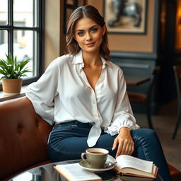 A beautiful woman named Julia Verity with very large breasts sitting comfortably in a cozy café