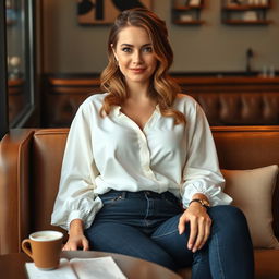 A beautiful woman named Julia Verity with very large breasts sitting comfortably in a cozy café