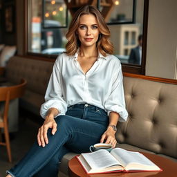 A beautiful woman named Julia Verity with very large breasts sitting comfortably in a cozy café