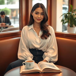 A beautiful Indonesian woman named Julia Verity with very large breasts sitting comfortably in a cozy café