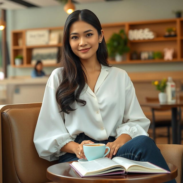 A beautiful Indonesian woman named Julia Verity with very large breasts sitting comfortably in a cozy café