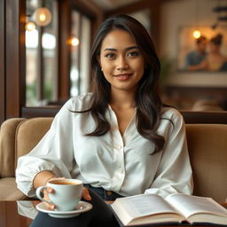 A beautiful Indonesian woman named Julia Verity with very large breasts sitting comfortably in a cozy café