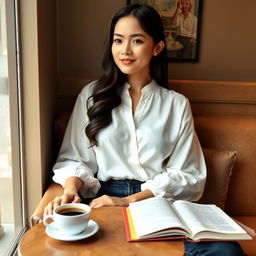 A beautiful Indonesian woman named Julia Verity with very large breasts sitting comfortably in a cozy café